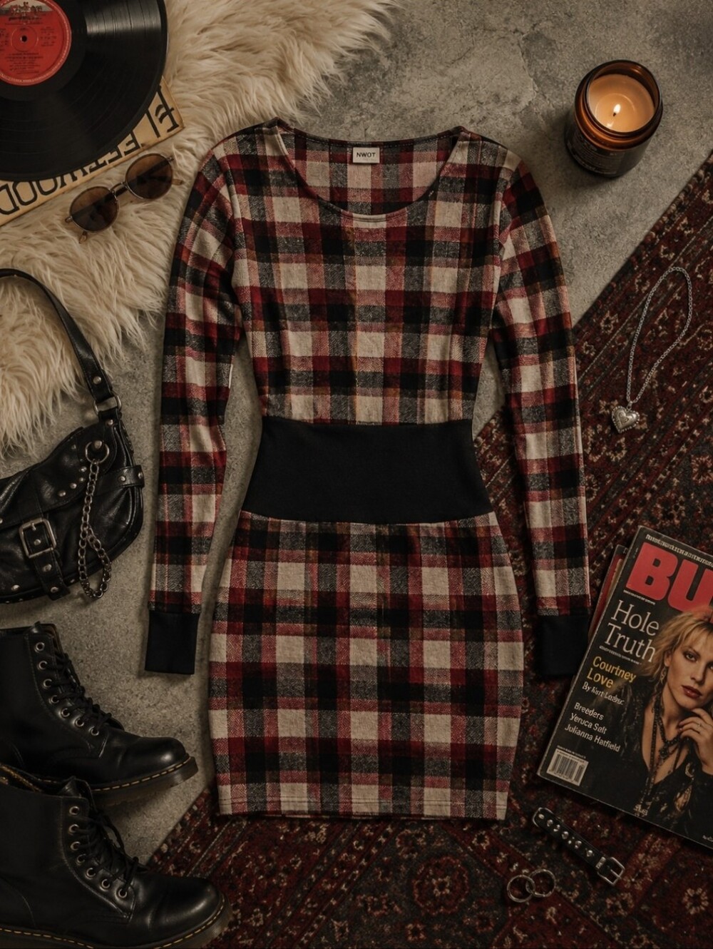 Red & Black Plaid Bodycon Mini Dress w/ Pockets NWOT